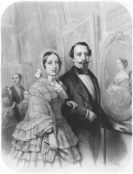 Viktória királynő és III. Napóleon, Franciaország császára, 1855. augusztus 20-án meglátogatják a párizsi világkiállítás művészeti galériáját (H. Holfeld, 1804-1872 nyomán)